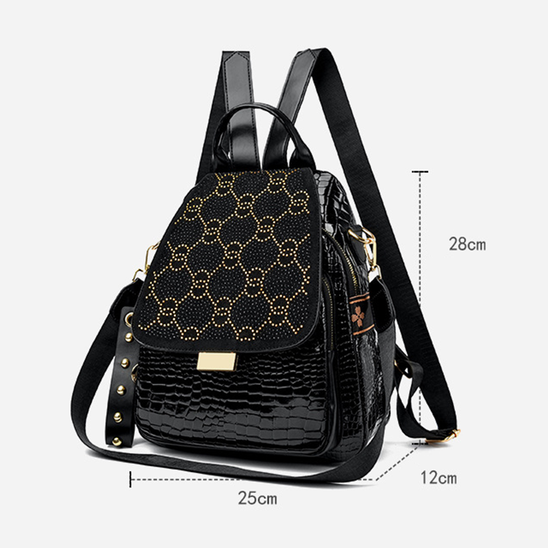 🎒Women's Black Large Capacity Sparkling Rhinestone & Geometric Print Backpack✨