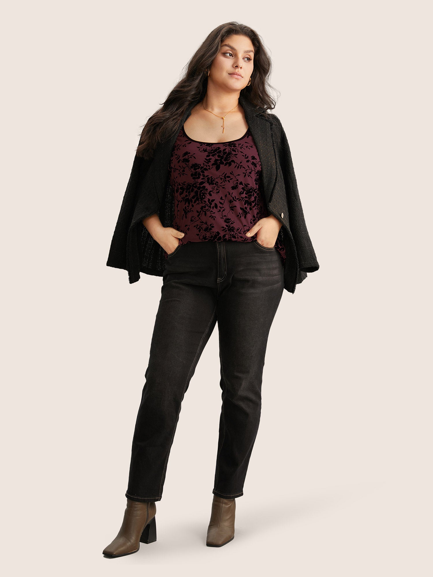 Silhouette Floral Print Flocking Square Neck Tank Top