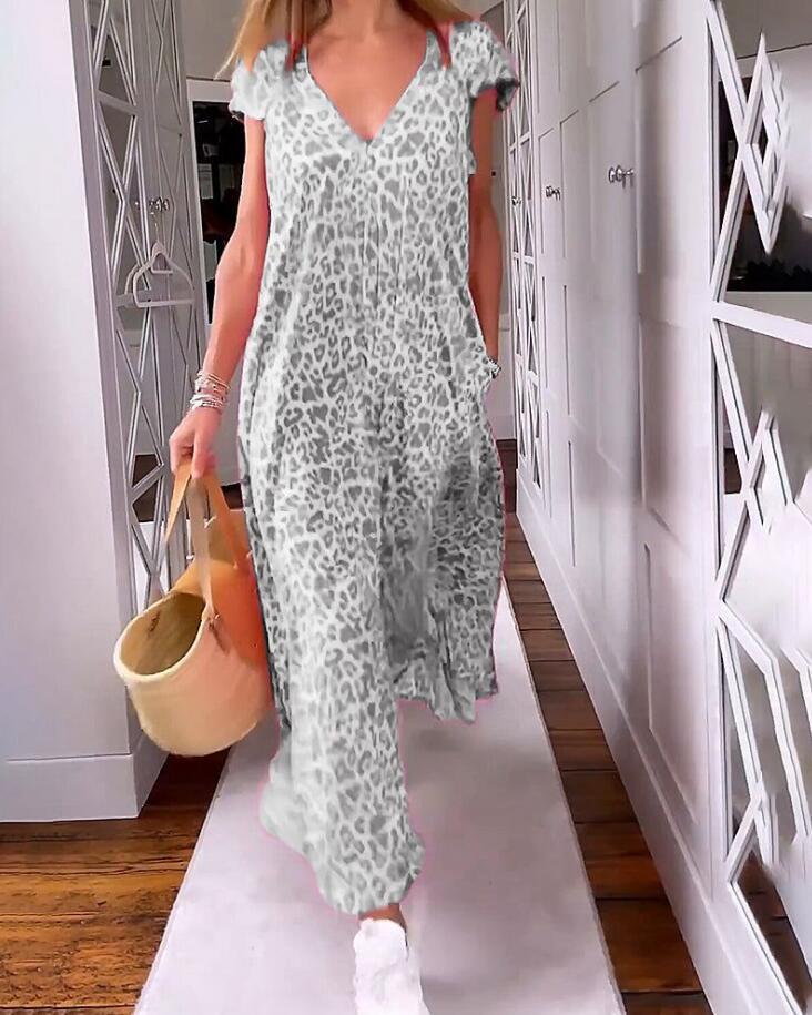 V-neck Printed Long Dress With Short Sleeves(Buy 2 Get Free Shipping)