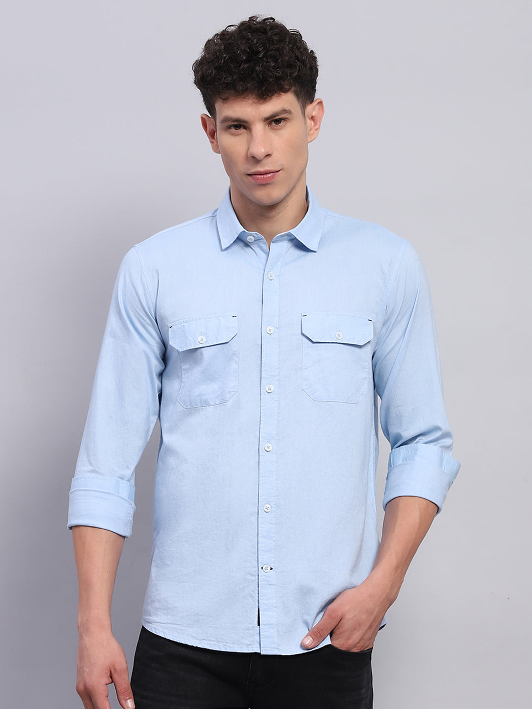 Men Blue Solid Collar Full Sleeve Shirt