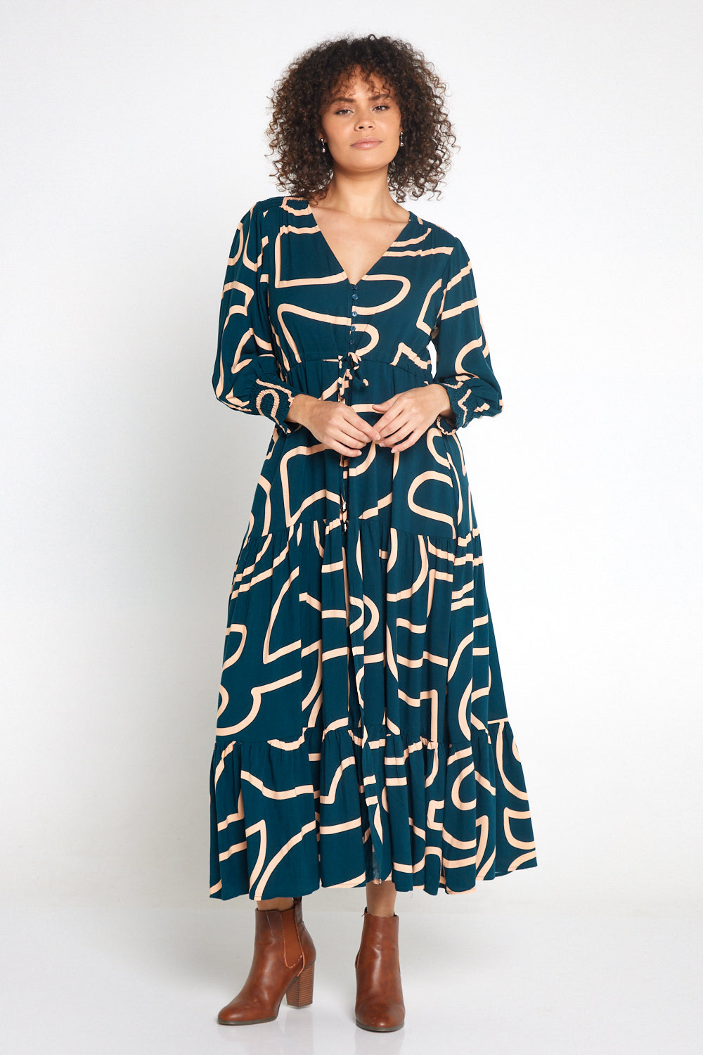 Makena Long Sleeve Maxi - Teal/Beige