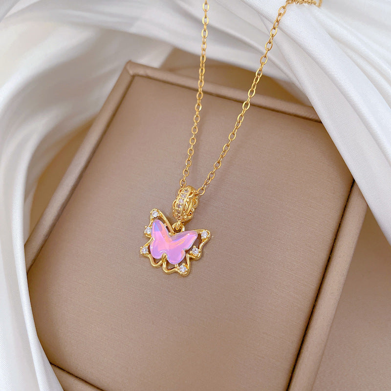 Pink Butterfly Zircon Gorgeous Full Diamond Necklace Female Versatile Clavicle Chain Titanium Steel Chain
