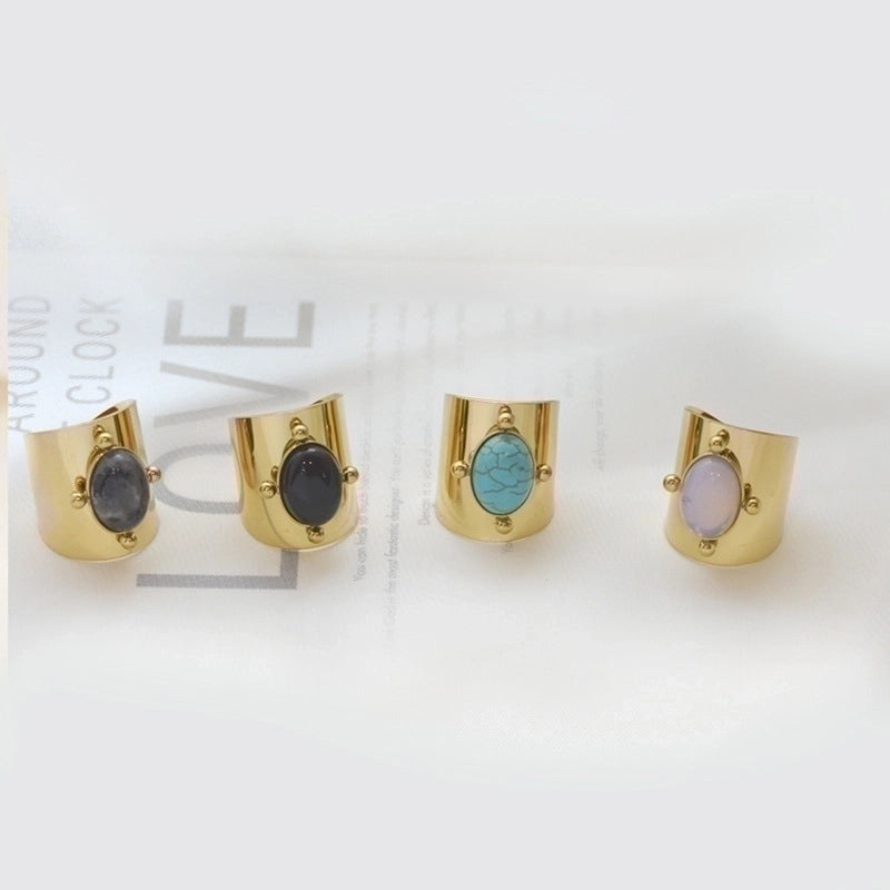 Retro U Shape Stainless Steel Inlay Natural Stone Shell 14k Gold Plated Open Ring