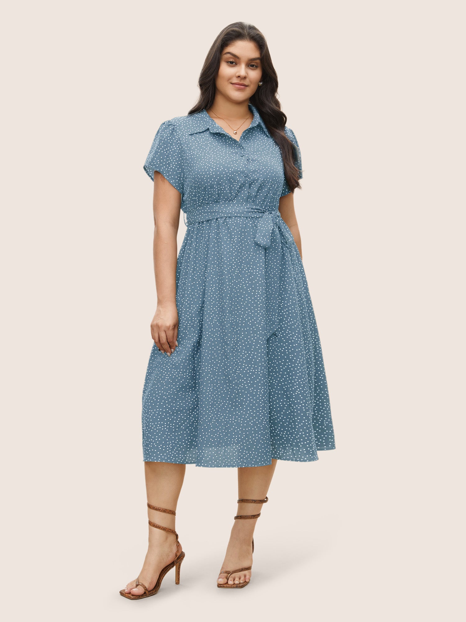 Polka Dot Shirt Collar Pocket Button Up Dress