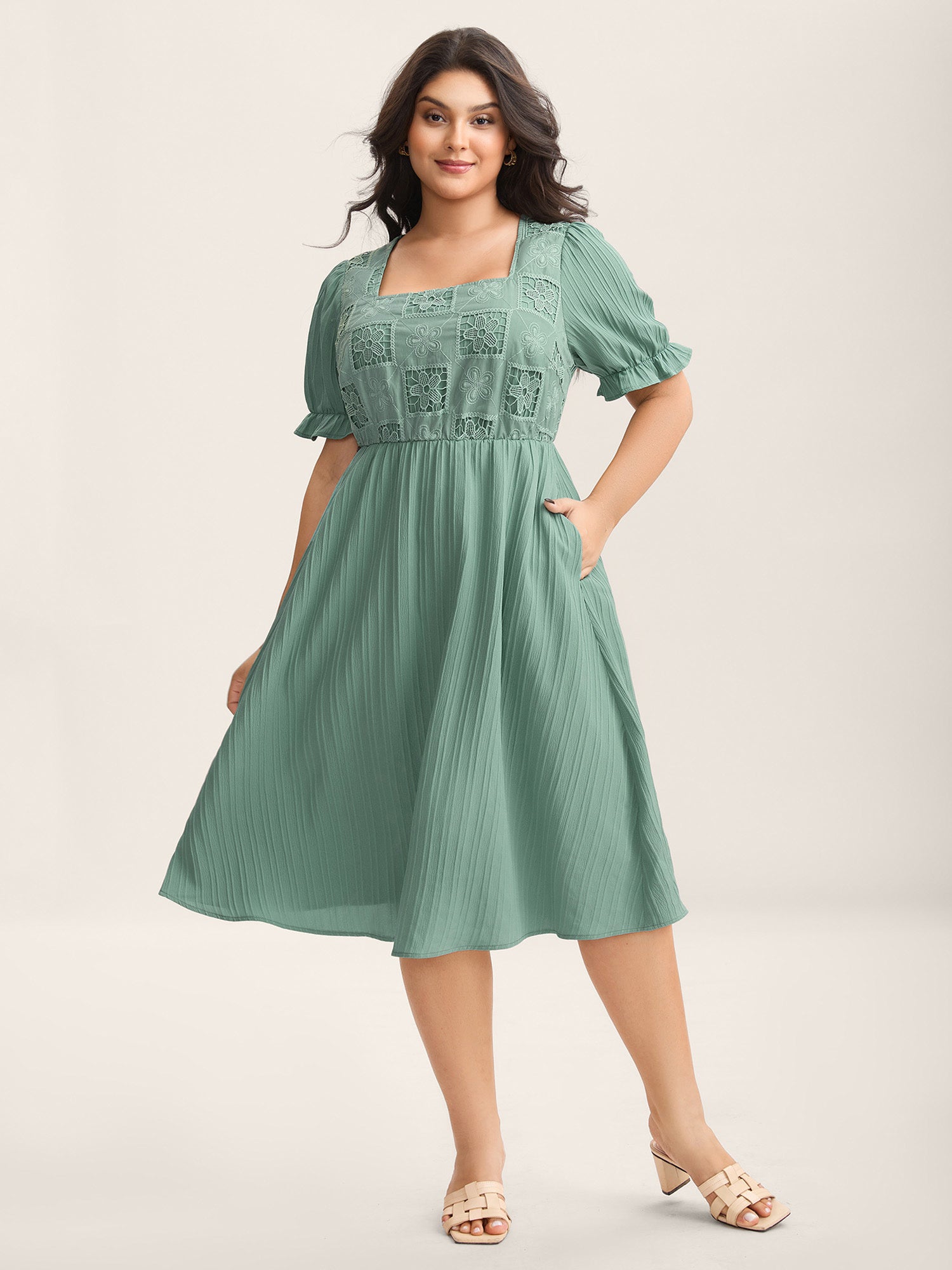 Lace Cut-Out Pockets Midi Dress