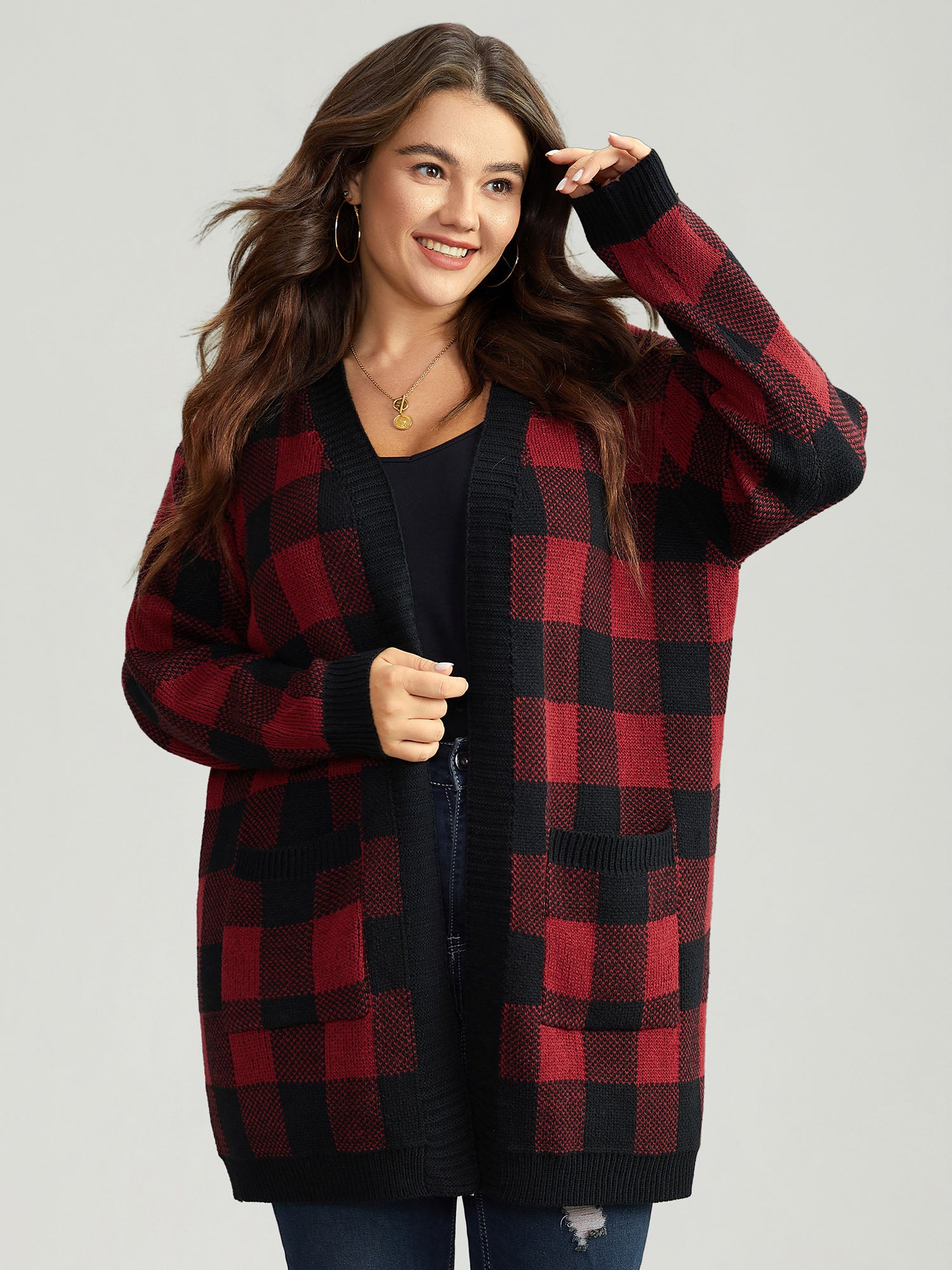 Plaid Patched Pocket Loose Cardigan