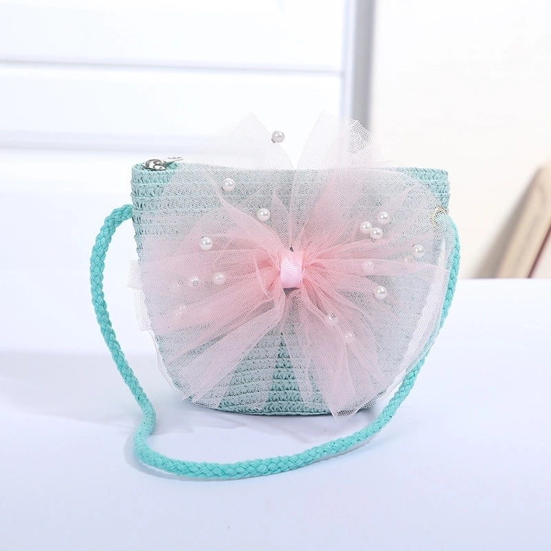 Women's Mini Straw Flower Bow Knot Fashion Bucket Zipper Shoulder Bag Handbag Crossbody Bag