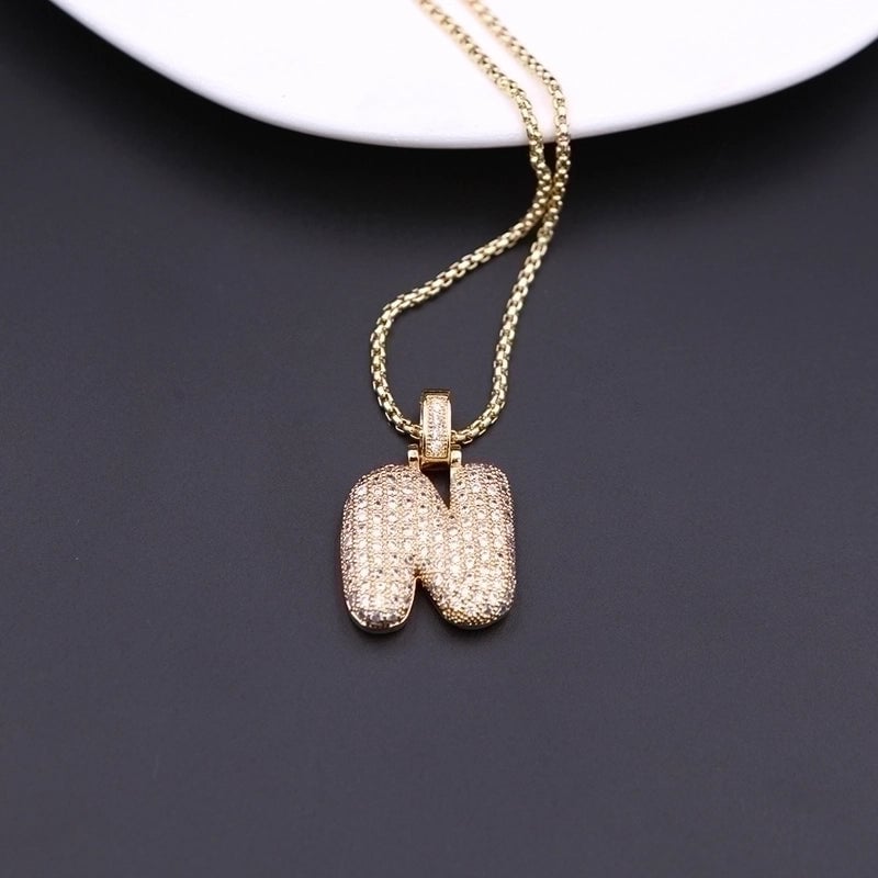 Copper Minimalist Shiny Plating Hollow Out Inlay Letter Zircon Pendant Necklace