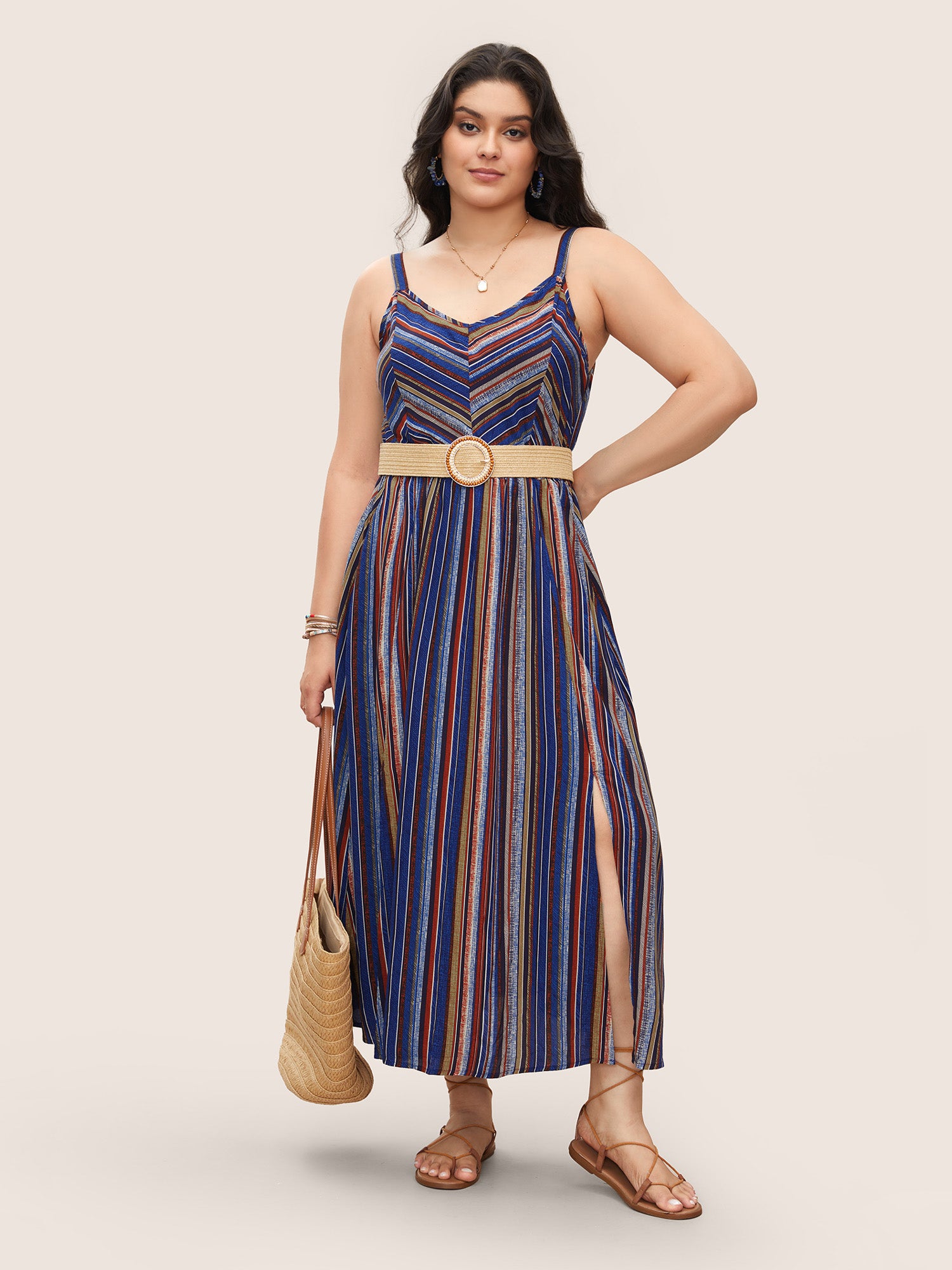 Striped Contrast Pocket Split Ruffle Hem Spaghetti Strap Dress