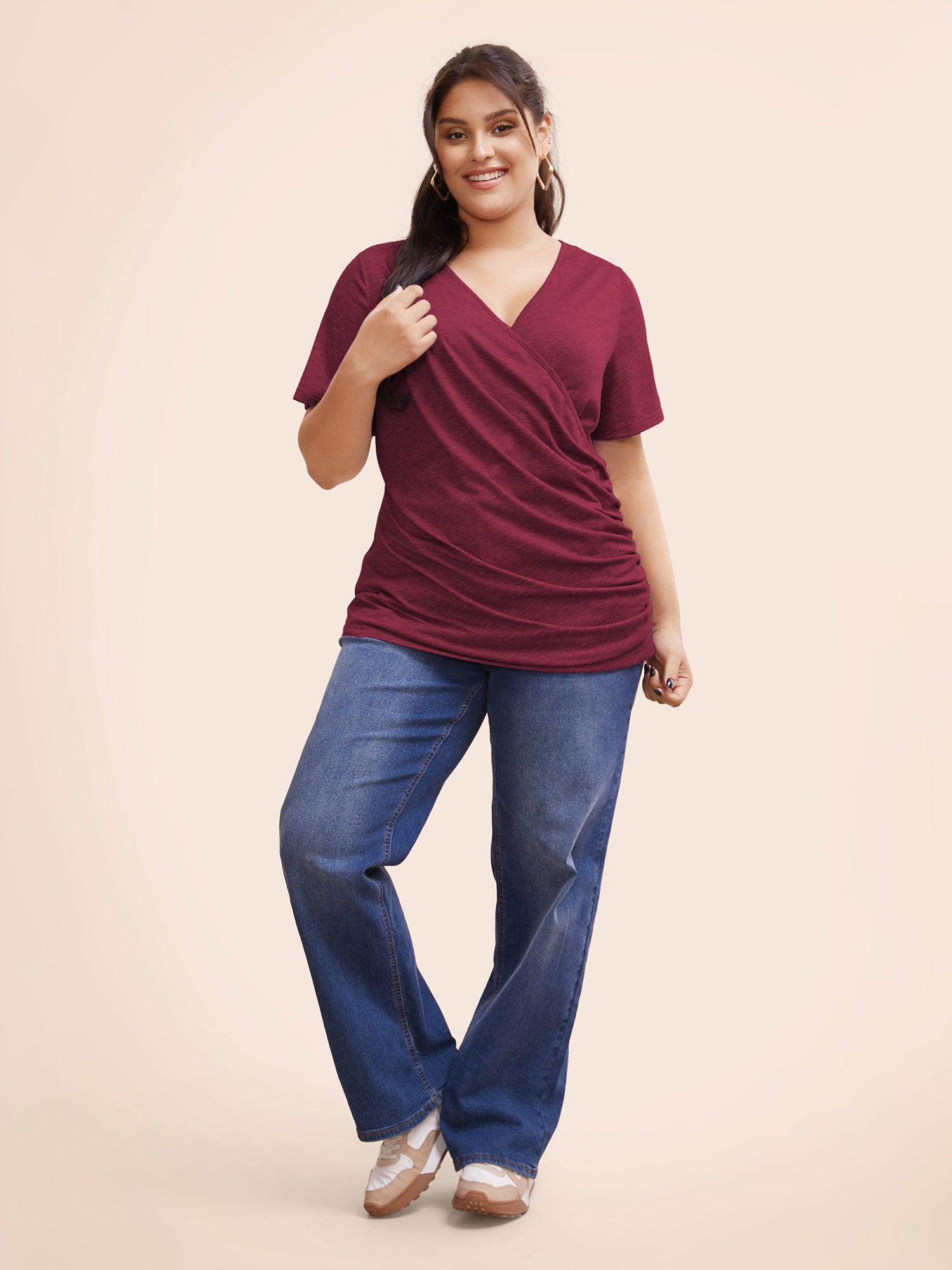 Solid Heather Overlap Collar Gathered T-shirt