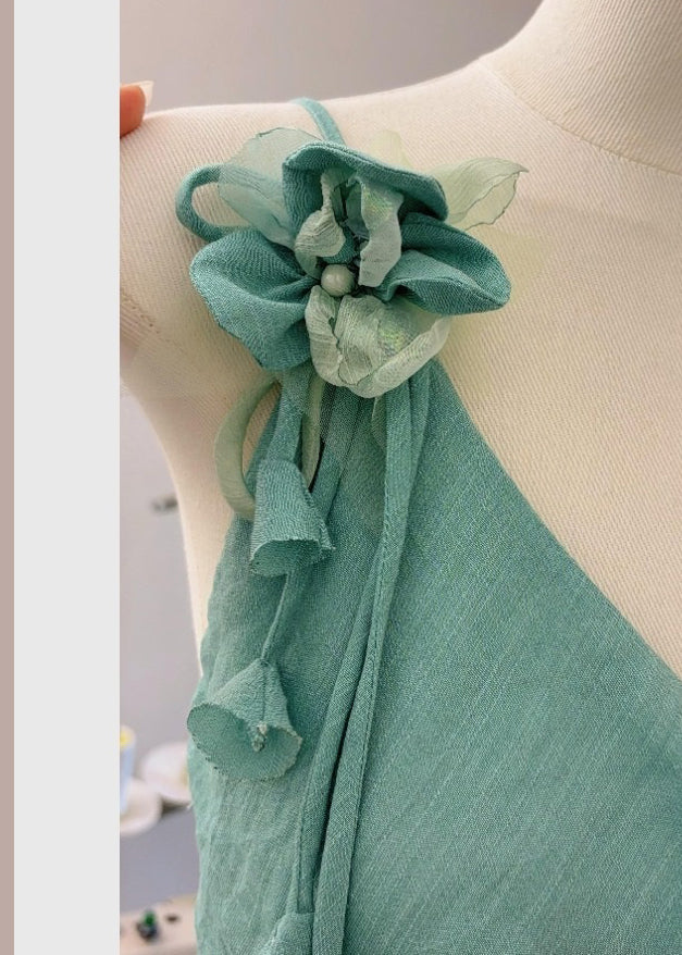 Floral Green Asymmetrical Lace Up Cotton Long Dress Sleeveless