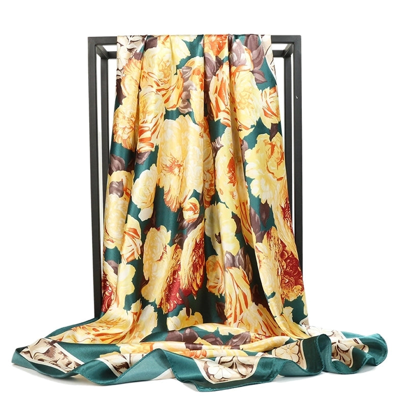 Women's Casual Vacation Streetwear Sunflower Satin Printing Dyeing Floral Silk Scarf Scarf Kerchief
