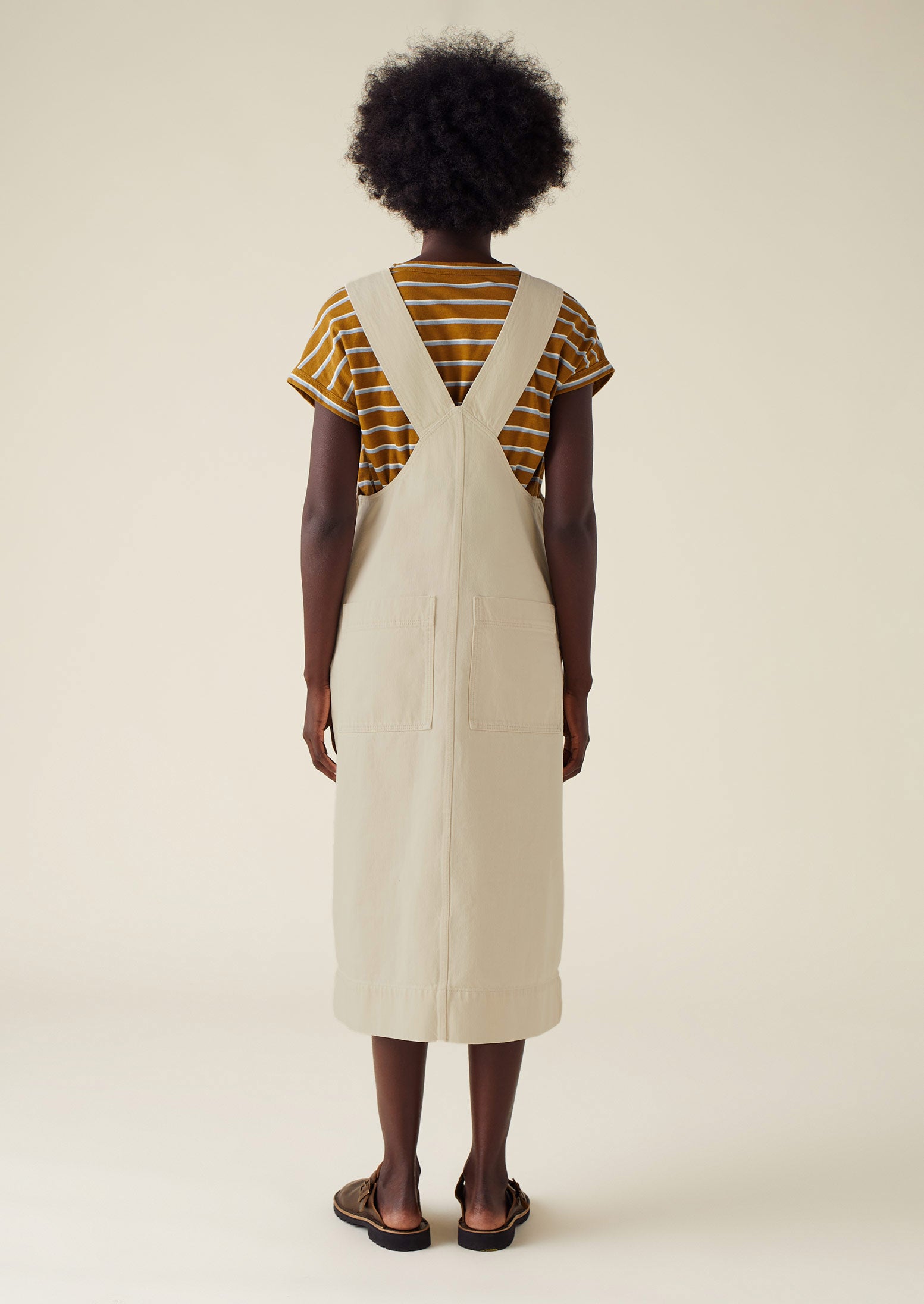 Side Button Organic Denim Pinafore Dress | Pastel Parchment
