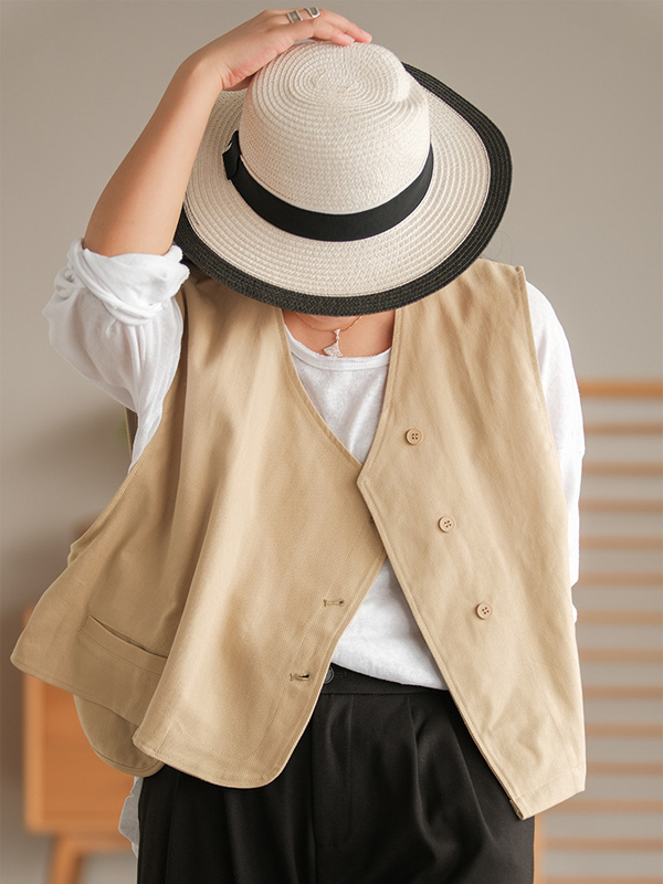 Vintage Asymmetric Solid Color Buttoned Vest Top