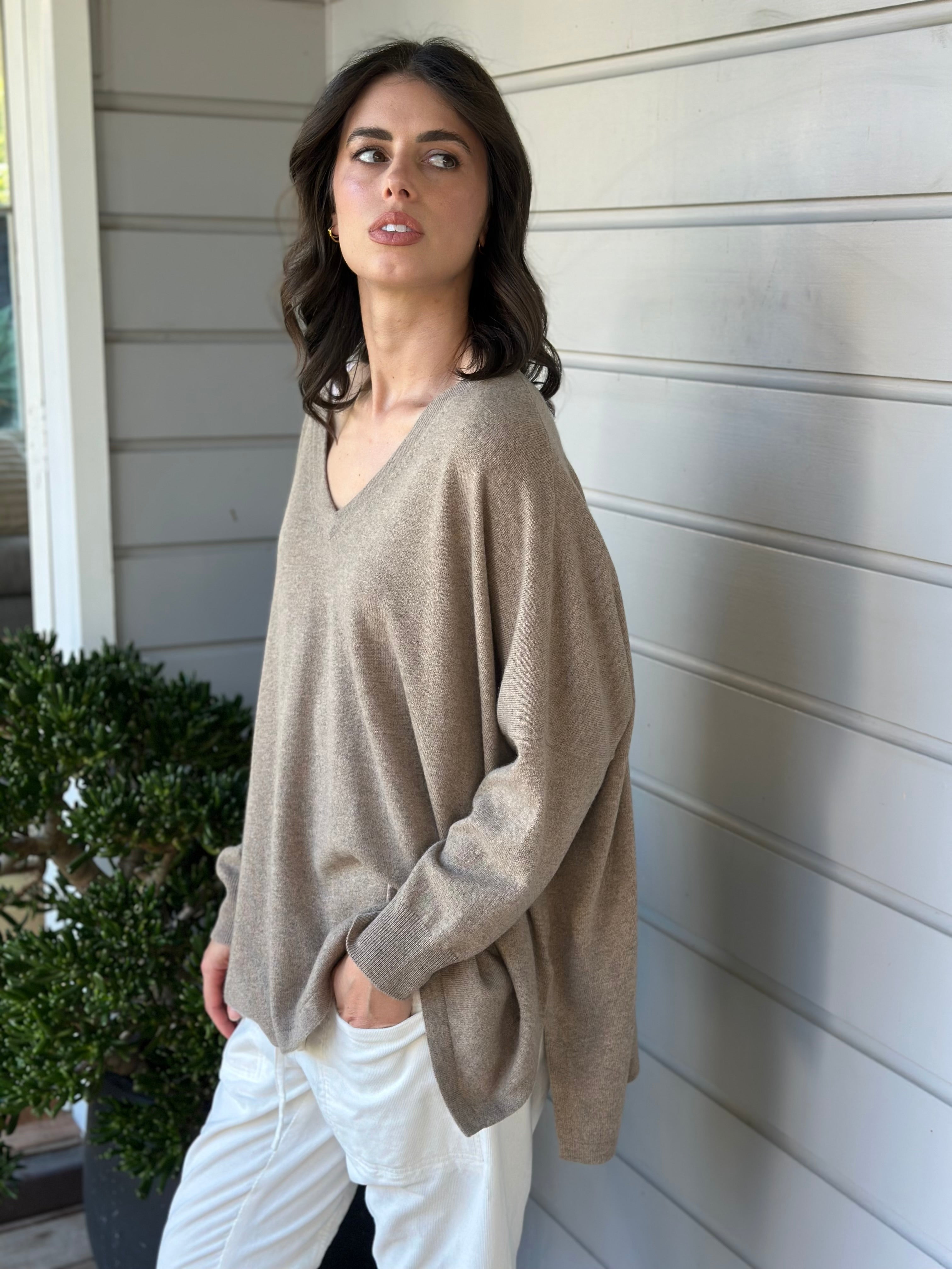 relaxed boyfriend knit- wheat cashmere