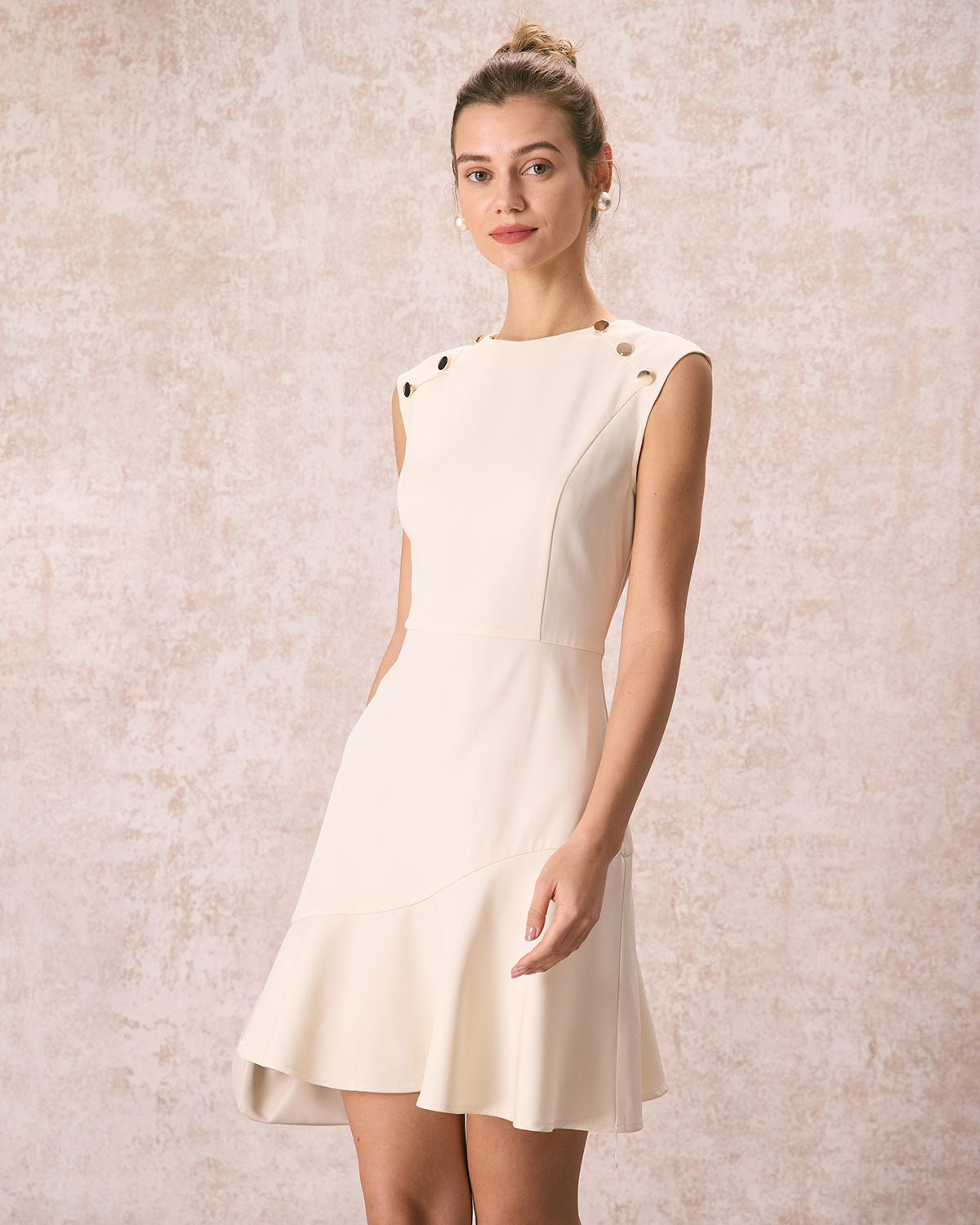 The Beige Button-Shoulder Flounce Mini Dress