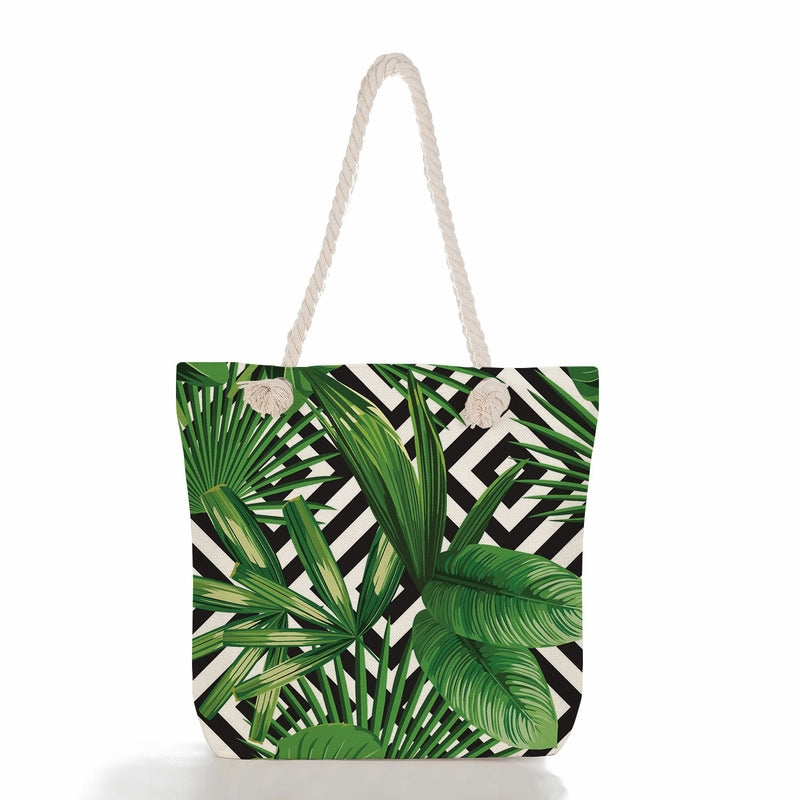Green Leaf Printed Cotton Rope Bag Large Capacity Shoulder Bag Student Book Tote Bag Printable Logo