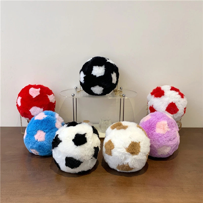 Women's Small Plush Football Streetwear Sewing Thread Round Zipper Crossbody Bag