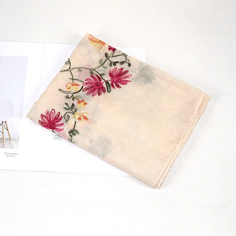 Women's Classic Style Flower Cotton And Linen Embroidery Scarf