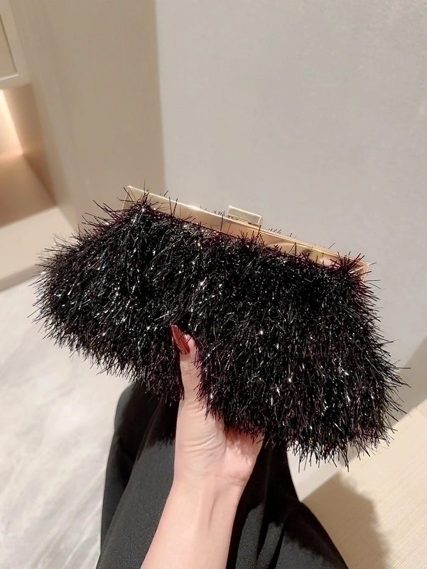 Black Pu Leather Solid Color Sequins Square Tassel Evening Bags