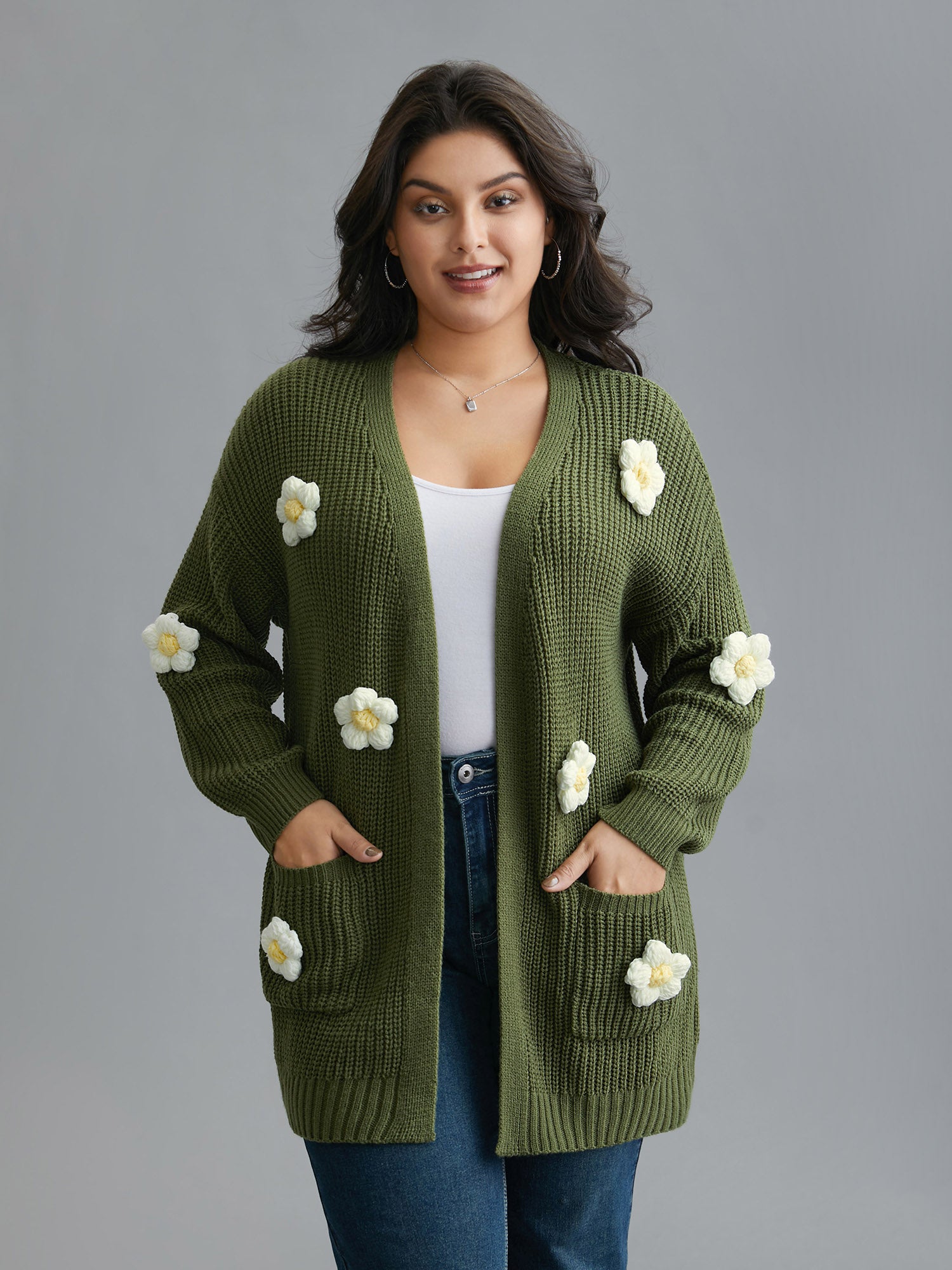 Floral Motifs V-Neck Pockets Knit Cardigan