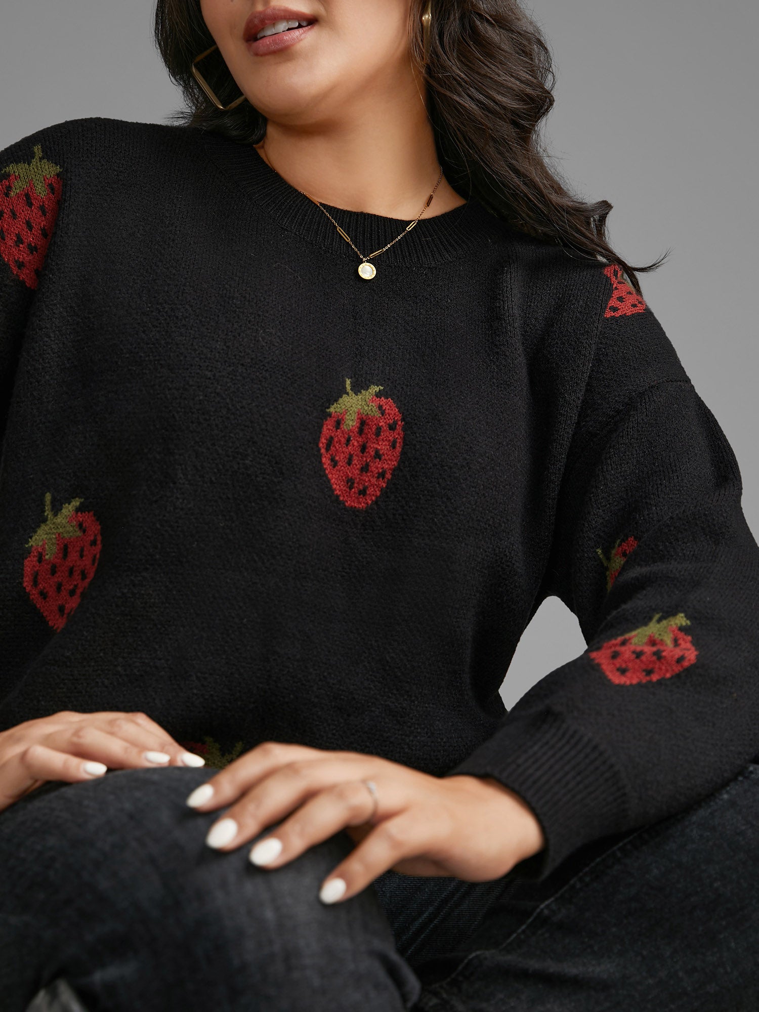 Strawberry Jacquard Drop Shoulder Sleeve Pullover