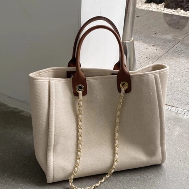 Women's Large Canvas Solid Color Basic Vintage Style Open Tote Bag