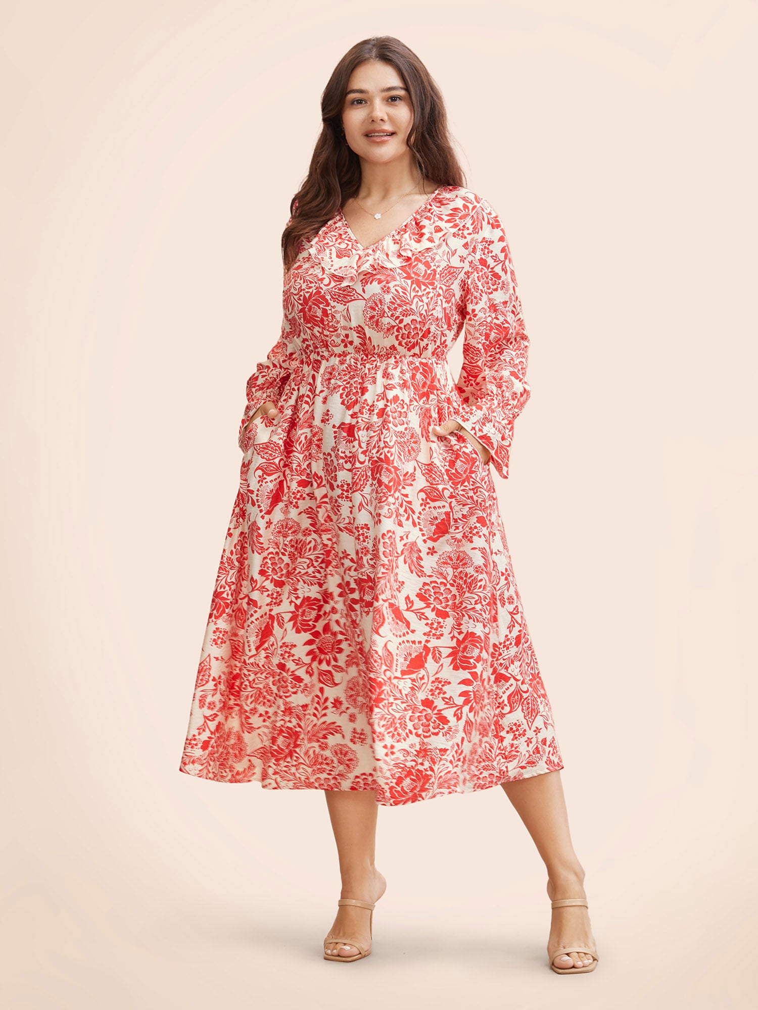 Floral Lantern Sleeve Ruffle Trim Dress