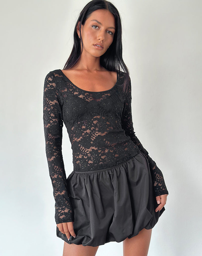 Lainey Unlined Long Sleeve Top in Black Sequin Lace