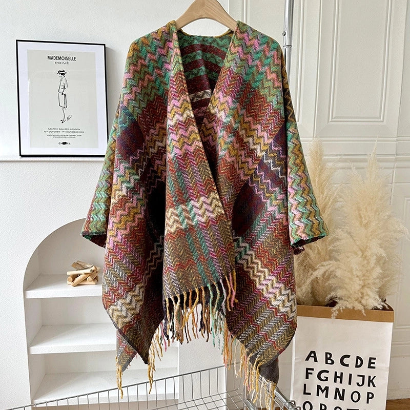 Travel Outside Knitted Shawl Ethnic Style Vintage Cape Cloak Tassel Scarf For Vacation Wear
