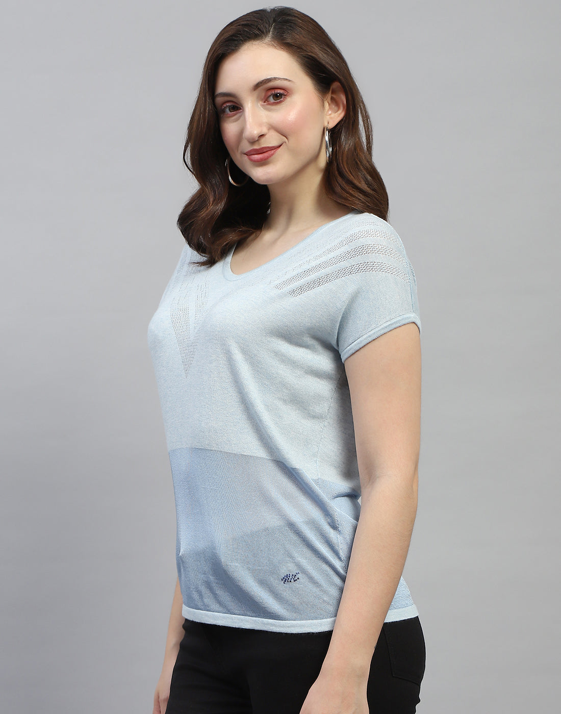 Women Sky Blue Self Design Round Neck Half Sleeve Top