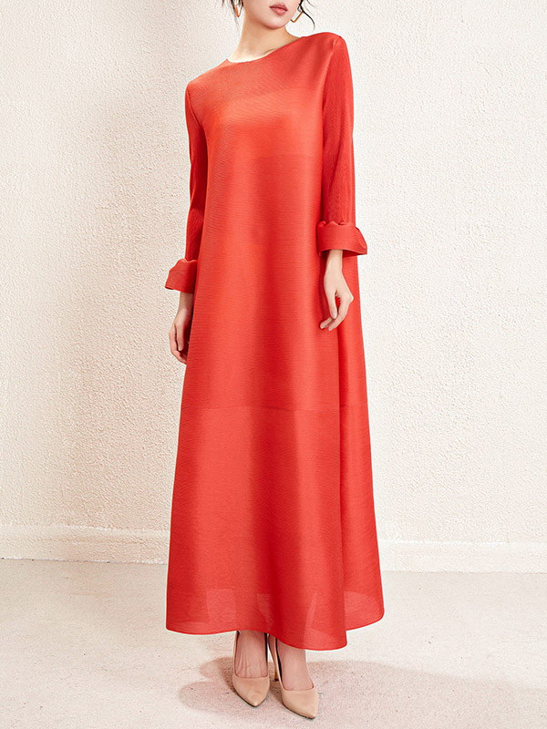 A-Line Loose Pleated Solid Color Round-Neck Maxi Dresses