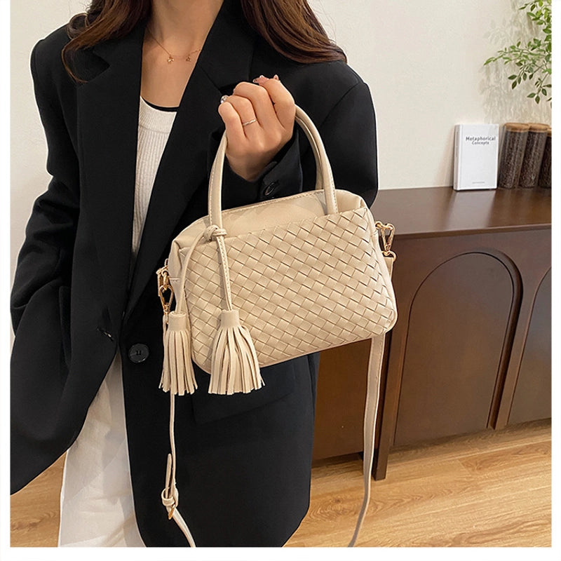 Women's Pu Leather Solid Color Basic Tassel Weave Square Zipper Handbag Crossbody Bag