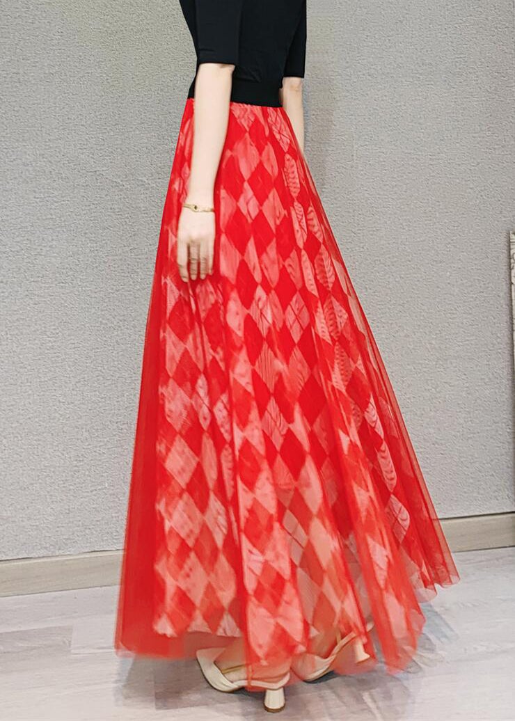 Loose Red Plaid Elastic Waist Tulle Skirt Summer