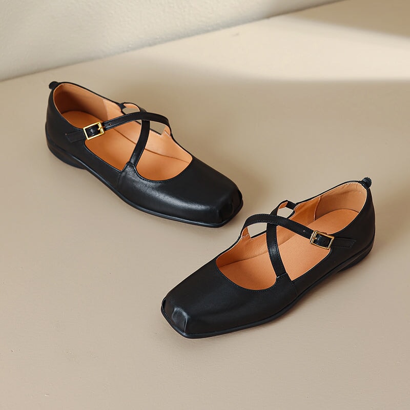 Square Toe Leather Mary Jane Ballet Flats with Cross Straps in Black/Red/Pink