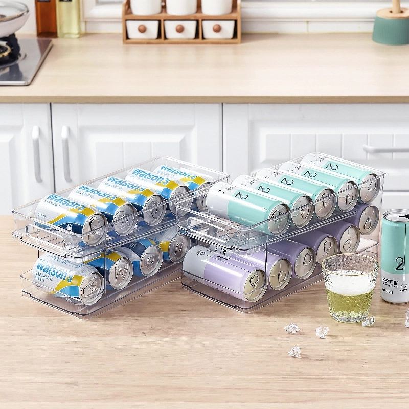 Beer Coke Refrigerator Storage Box Transparent Double Layer PET Rolling Beverage Storage Box Household Cans Storage Rack