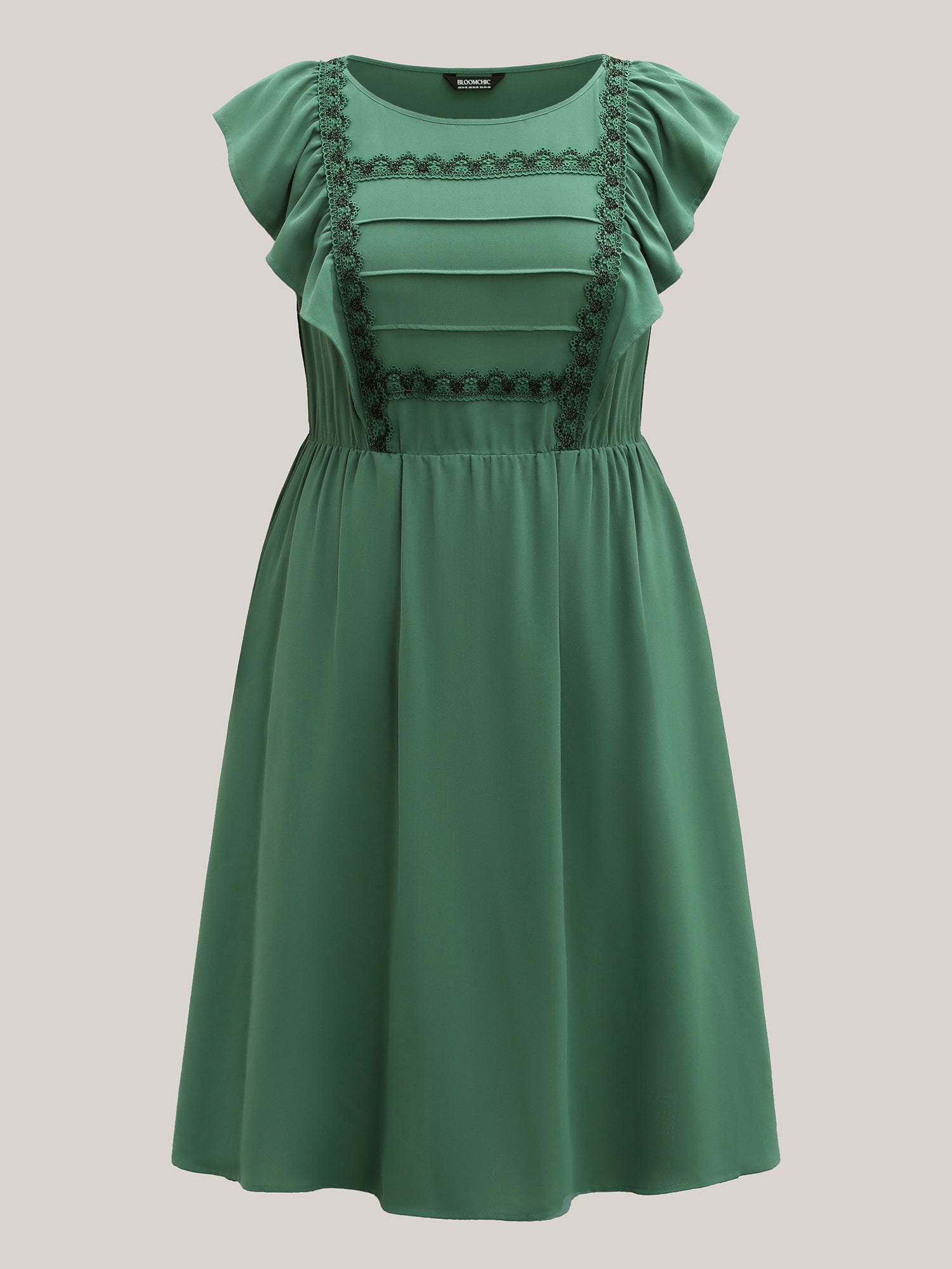 Lace Trim Pleated Ruffled Sleeve Midi Dress