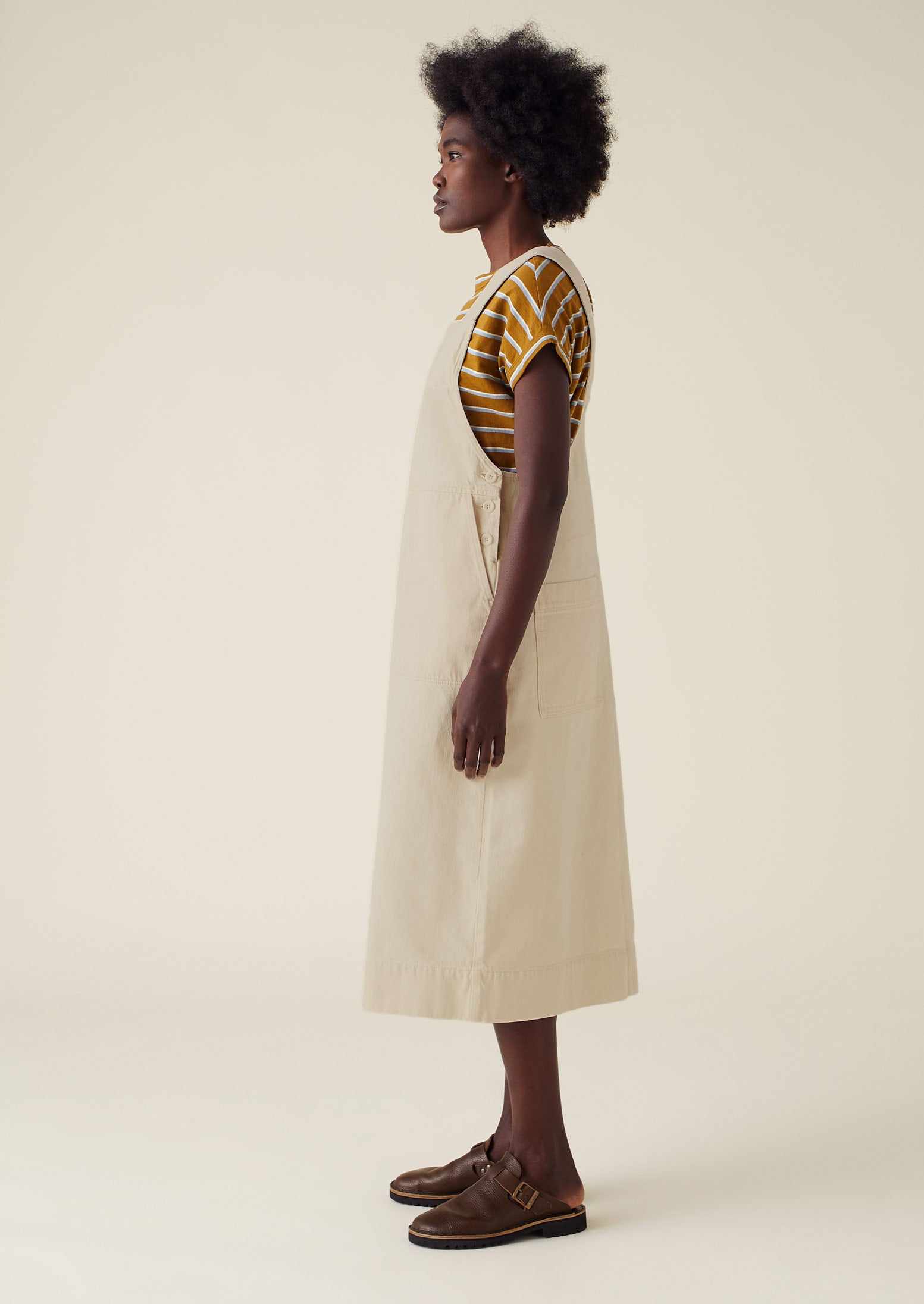 Side Button Organic Denim Pinafore Dress | Pastel Parchment