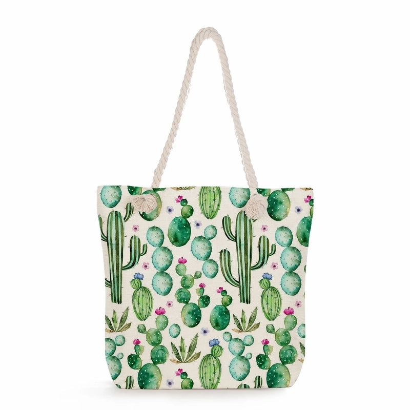 Women's Medium Linen Cactus Vacation Classic Style Square Zipper Tote Bag Beach Bag