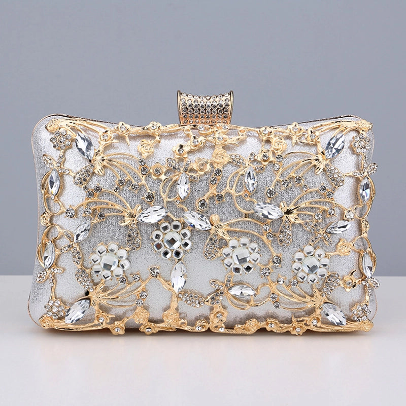 Black Gold Silver Pu Leather Flower Rhinestone Square Clutch Evening Bag