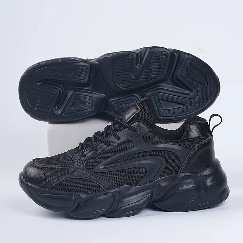 2025 New Men's Chunky Platform Sneakers - Black EVA & Fabric Low-Top Casual Shoes with Lace-Up Closure, Breathable Comfort for Running, Daily Wear & Street Style