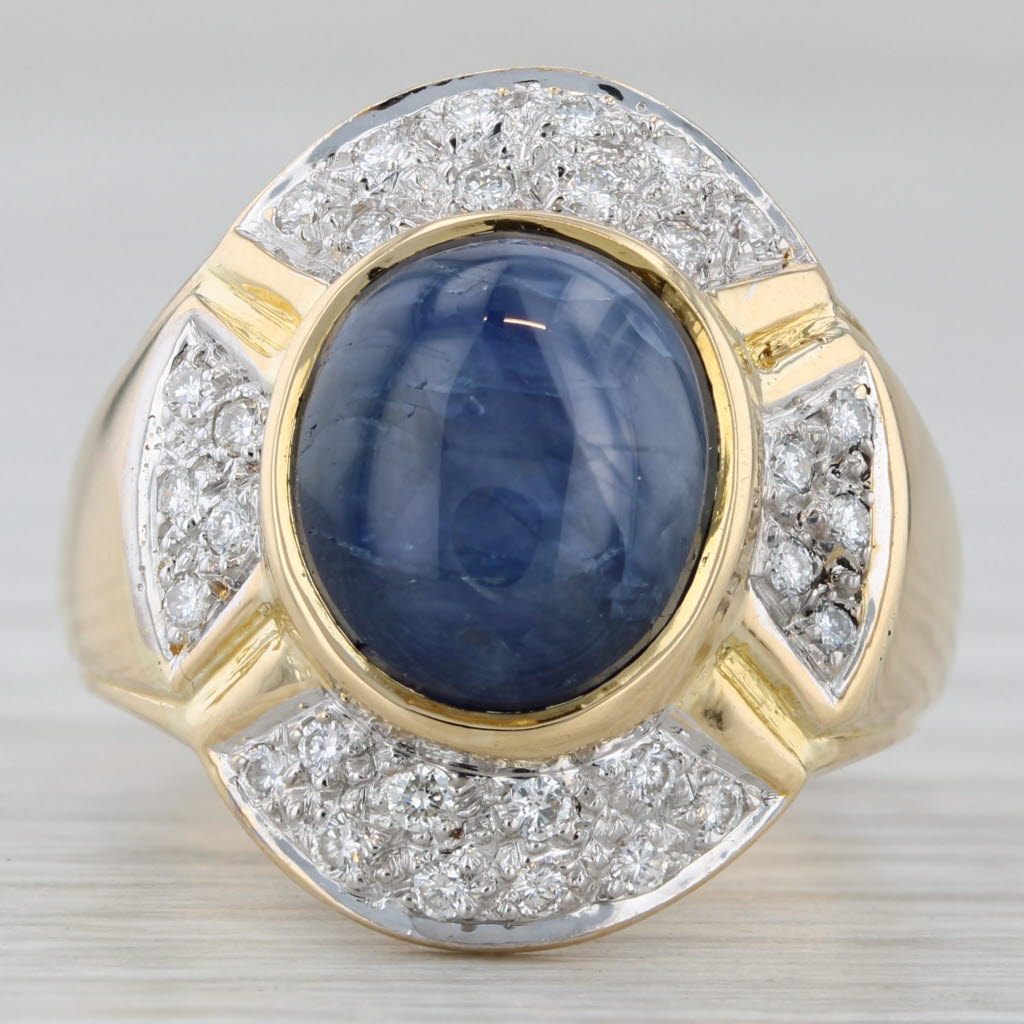Oval Cabochon Blue Sapphire Diamond Halo Ring 18k Yellow Gold Size 6.75-7