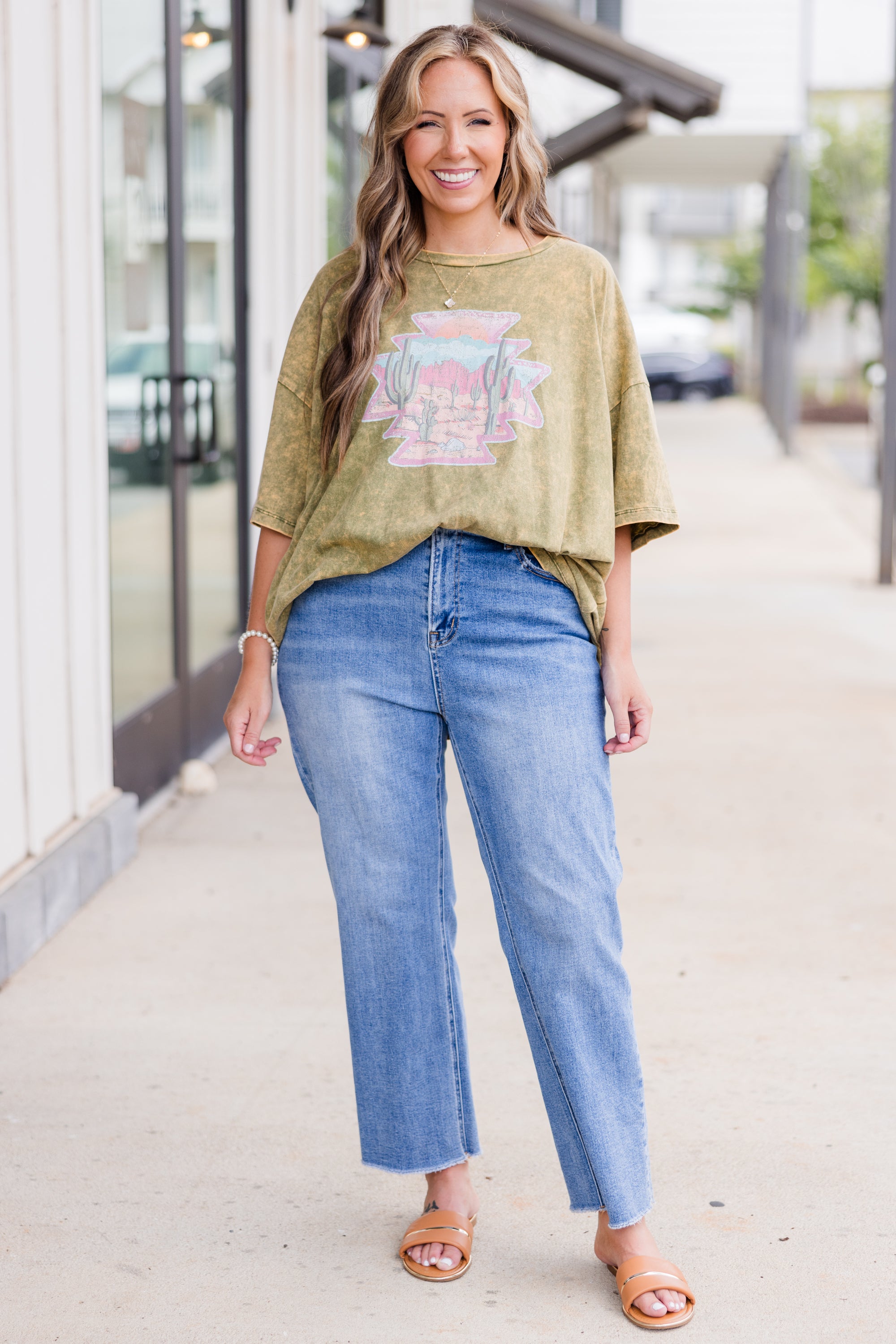 Wild Out Here Acid Wash Boyfriend Tee. Golden Olive