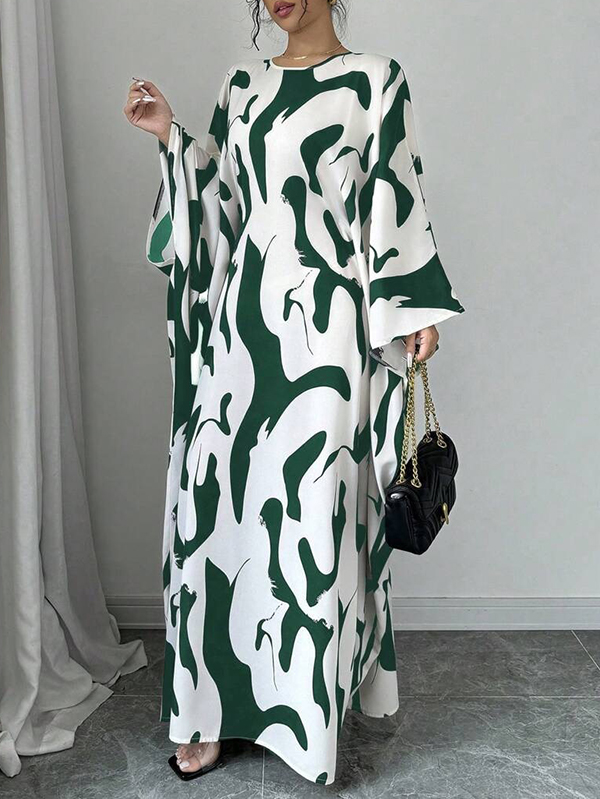 Batwing Sleeves Loose Contrast Color Printed Round-Neck Maxi Dresses