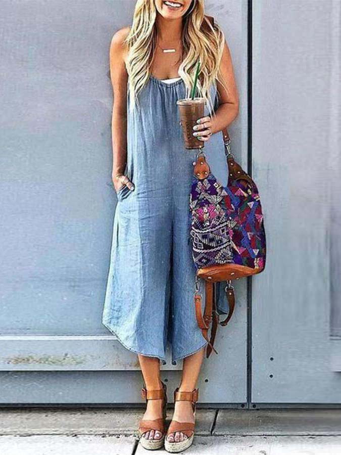 Sleeveless V-neck Wide Leg Denim Jumpsuit