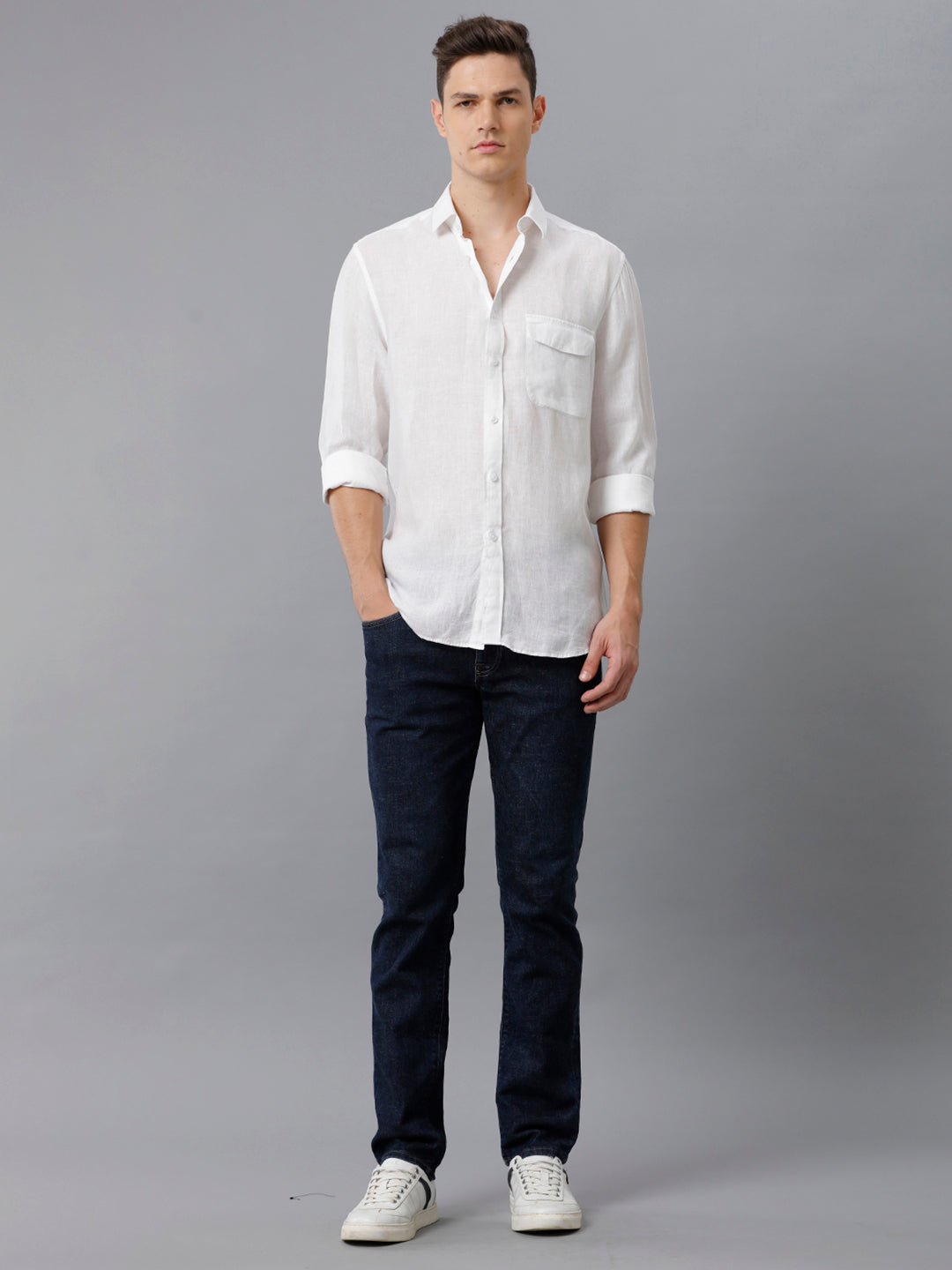 Mens Regular Fit Solid White Casual Linen Shirt (LINNO)