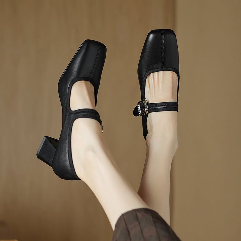 Vintage Sheepskin Square Toe 60mm Block Heel Mary Jane in Black/Wine Red