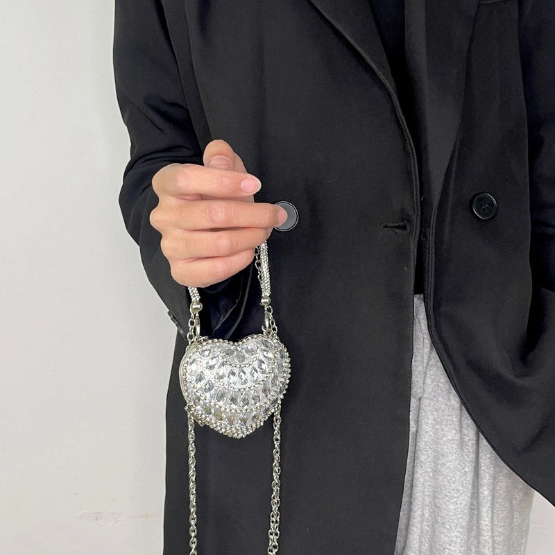 Silver Tassel Love Portable Silver Big Diamond Love Portable Silver Small Diamond Love Portable Plastic Metal Heart Shape Tassel Heart-shaped Evening Bags