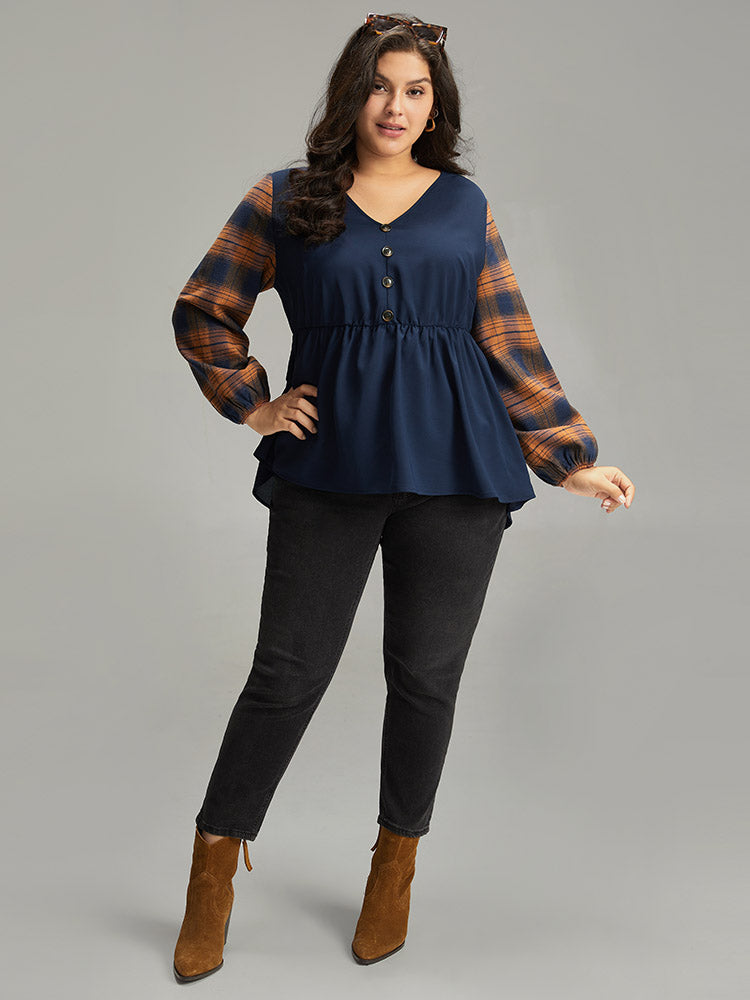 Halloween Plaid Patchwork Button Detail Elastic Waist Blouse