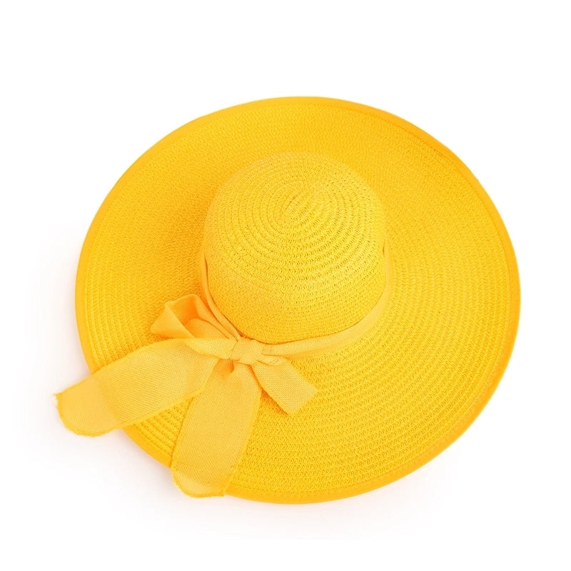 Fashion Solid Color Big Eaves Sunshadebowknot Straw Hat